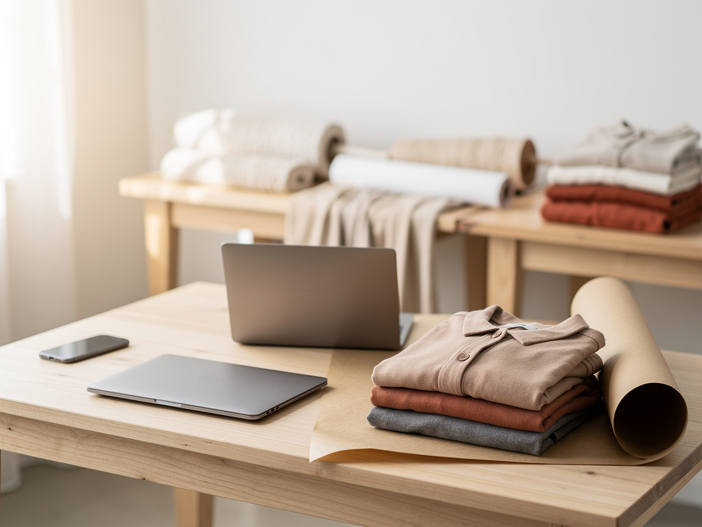 A tidy wood packing desk with a laptop, a phone, kraft paper and folded garments, with soft daylight and no one in focus