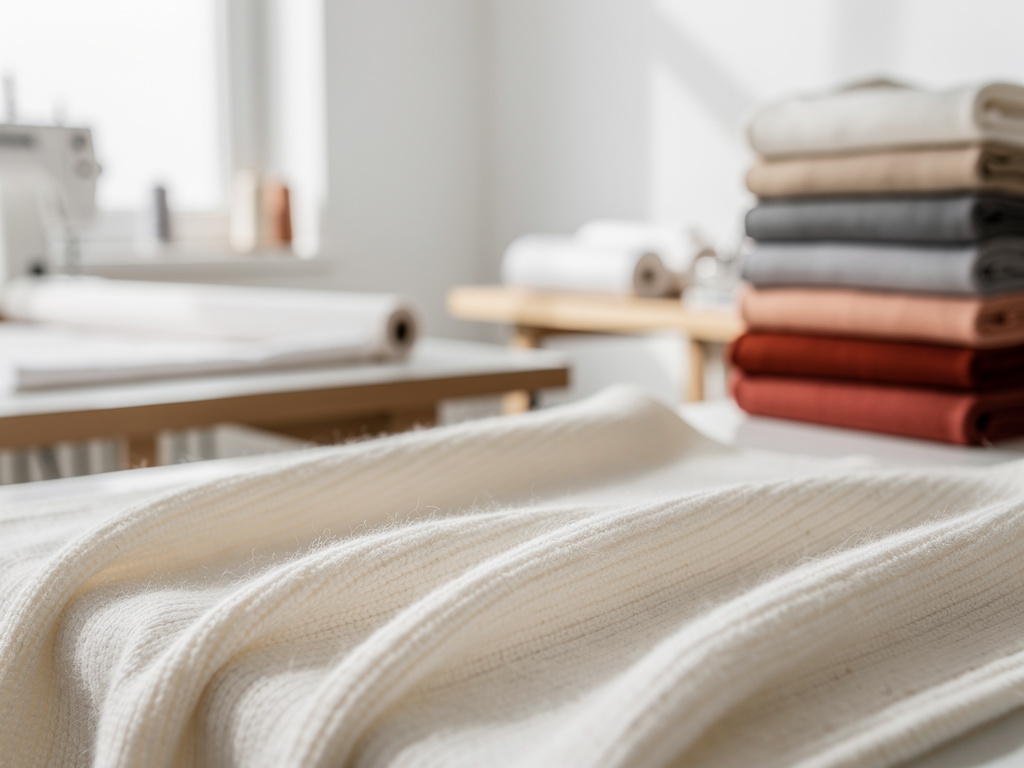 Close-up of soft off-white knit fabric texture, gently folded, catching natural light.