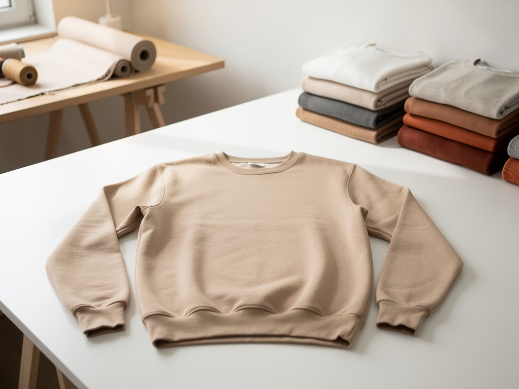 A plain sand-beige sweatshirt laid flat on a white surface with nothing on it, ready for customization.
