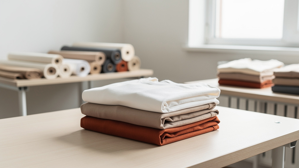 A neat stack of folded plain t-shirts in off-white, sand beige, graphite and terracotta on a pale wood table beside a su