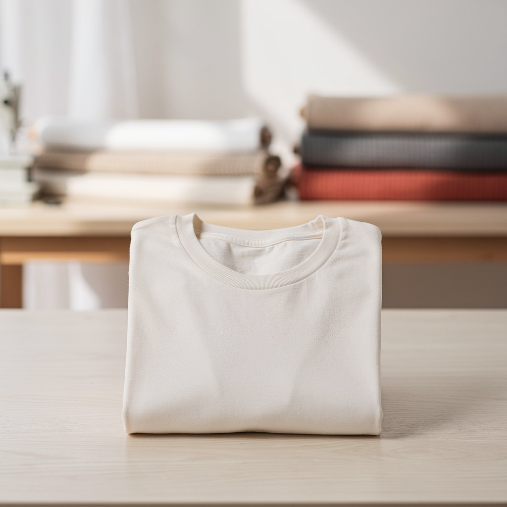 A single folded plain off-white crew-neck t-shirt on a clean pale wood surface in soft natural light, with no labels vis