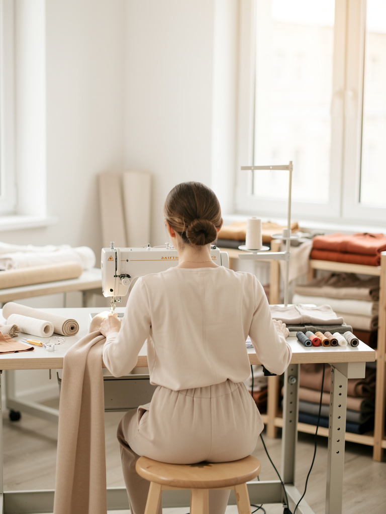 A seamstress seen from behind at a sewing machine, guiding plain knit fabric under soft window light.